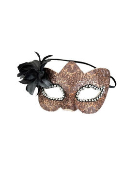 MasqStudio Brocade Lace Masquerade Mask with Side Flower Rhinestones Brown Gold